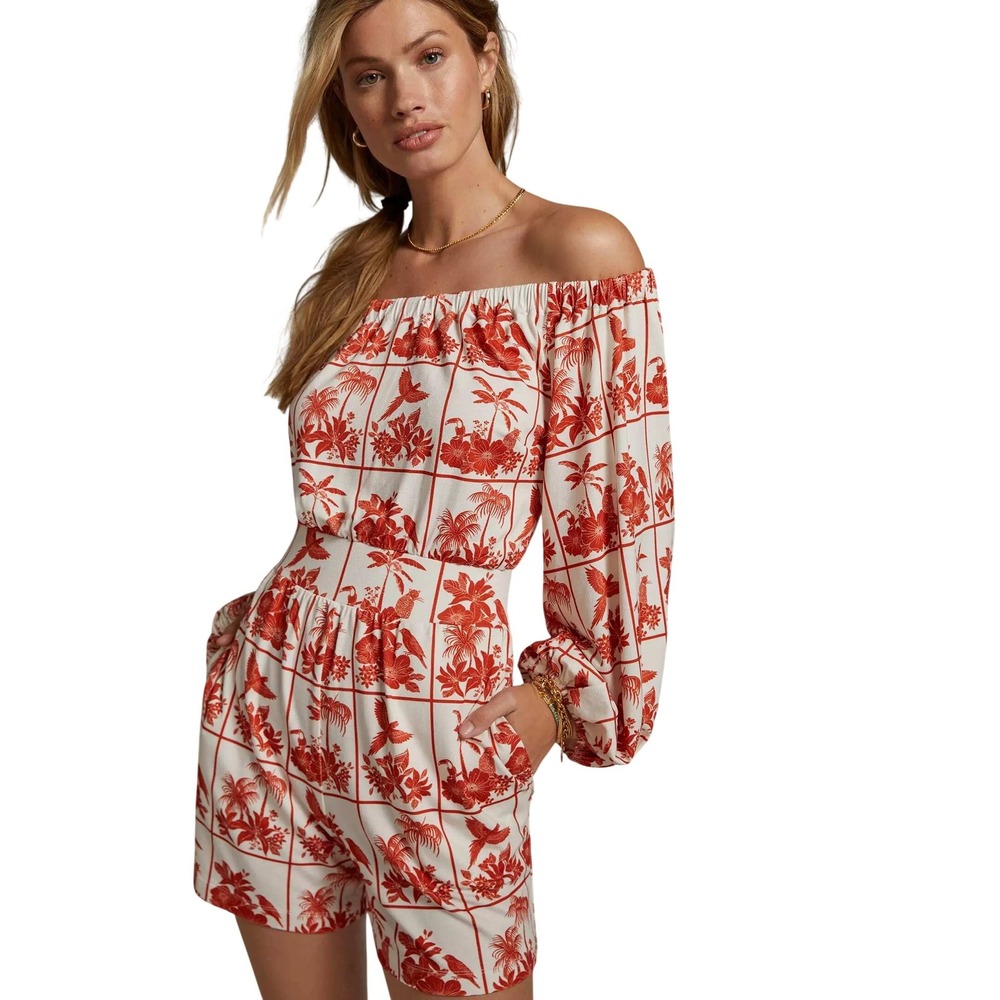 FARM Rio Women's‎ Tropical Printed Off-The-Shoulder Long Sleeve Romper Sz Medium